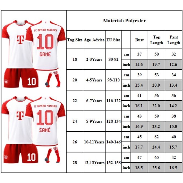 2324 Bayern hemmafotbollströja nr. 10 Sane set perfekt för barn, pojkar och flickor i ungdomsstorlek 18
