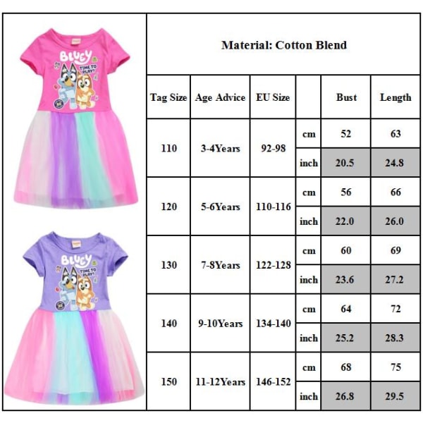 Barn Flickor Blueys Kostym Casual Holiday Princess Party Rainbow Tulle Tutu Dress Pink 110cm