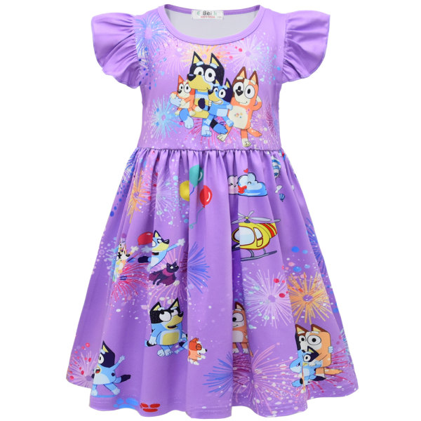 Barn Flickor Söta Hundar Printed Klänning Flutter Sleeve Sommar Casual Klänningar Sovrum Purple 120cm