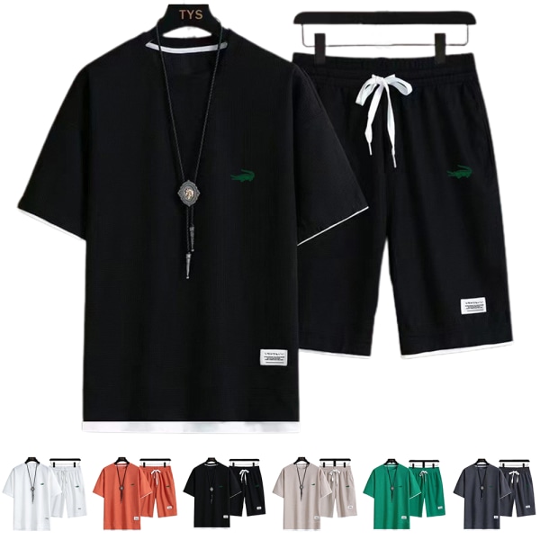 Herrspårstället Kortärmad T-shirt + Shorts Sommarsport 2 st/set Sportkläder Black 2XL