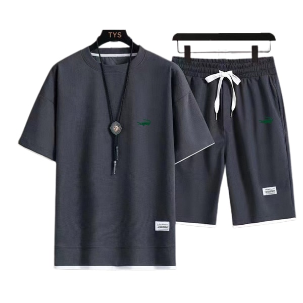 Herrträningsset Kortärmad T-shirt + Shorts Sommarsport 2 st/set Sportkläder Dark Grey 3XL