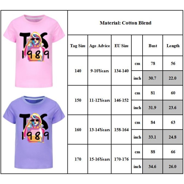 Taylor Swift 1989 Tryckt Barn Ungdom T-shirt Kortärmad Topp Blus Gåvor Pink 170cm