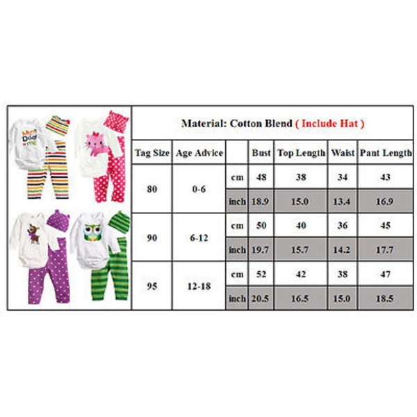 3 Delar/Set Nyfödd Baby Unisex Flickor Pojkar Romper Topp Byxor Hatt Set Outfit Rose red polka dot cat 80cm