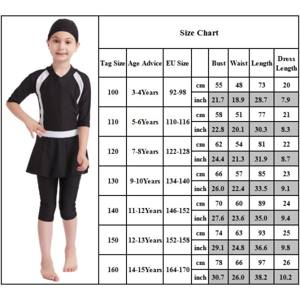 Muslimsk kjol Burkini Set Badkläder Barn Flickor OnePiece Simdräkt Semester Black 100cm