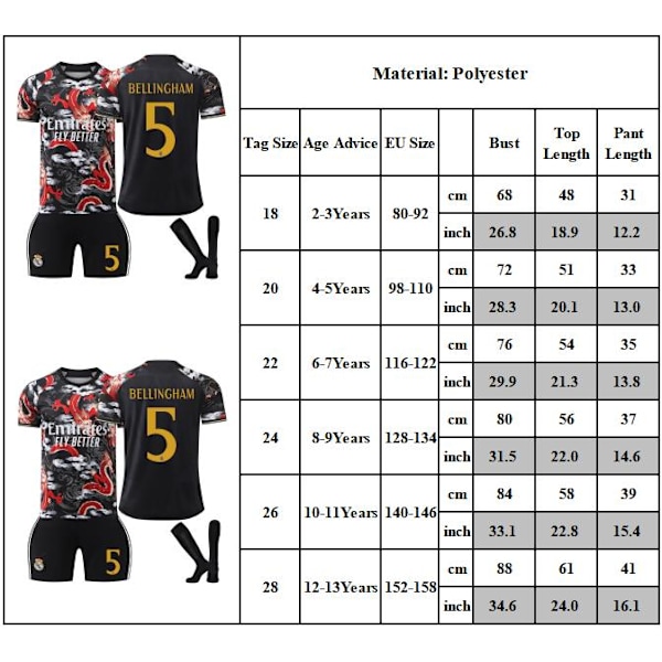 24-25 Real Madrid Tröja Barn Fotbollströja Kit Sportkläder #5 Bellingham Fotbollsdräkter Fotbollslag Tröja Med Strumpor 20