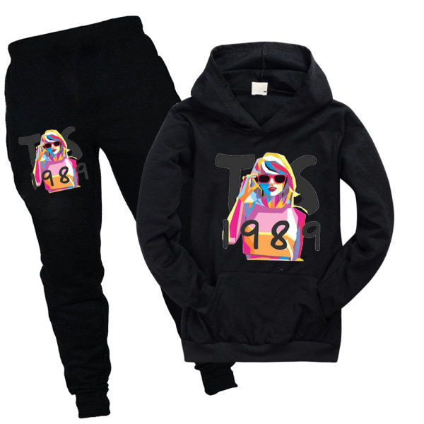 Taylor Swift 1989 Print Pullover Hoodie Joggerbyxor Set Flickor Sweatshirt Träningsoveraller Outfits Black 150cm