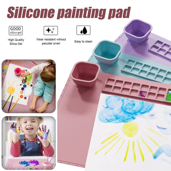 Stor målarmatta i silikon med kopp och färghållare Nonstick Art bordstablett Purple