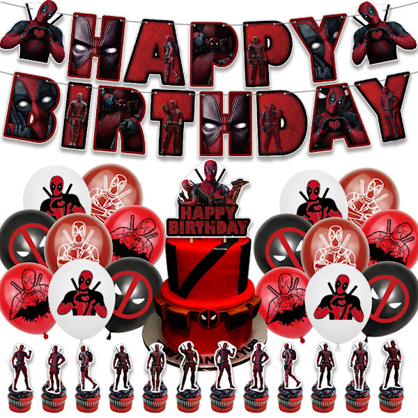 Deadpool Födelsedagsfest Tillbehör Banner Cake Toppers Ballonger Set Dekorationer