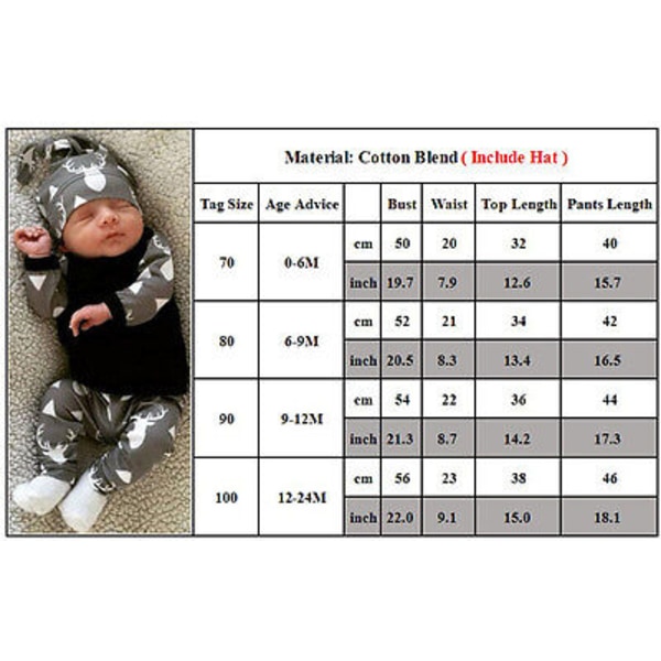 3 st Nya Födda Baby Pojkar Långärmad Topp Byxor Hatt Set Casual Kläder Grey black 100cm