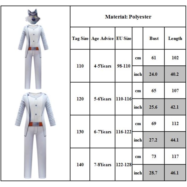 The Bad Guys Mr. Wolf Halloween Cosplay Jumpsuits med mask 110CM