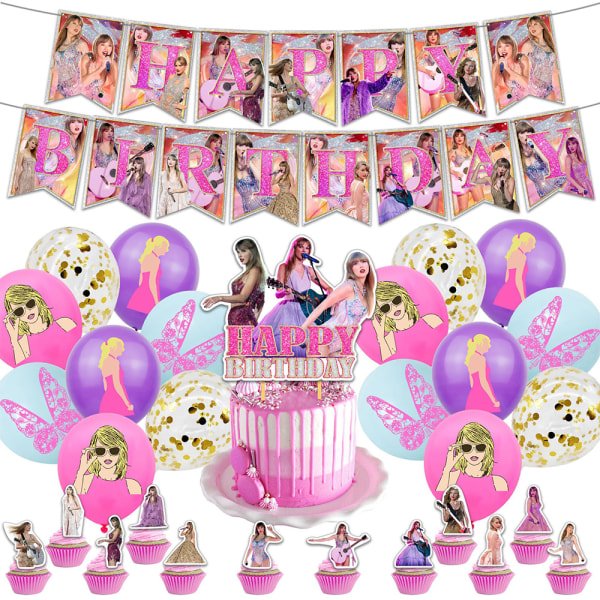Taylor Swift Födelsedagsfest Banner Cake Topper Ballonger Tillbehör Dekoration Kit