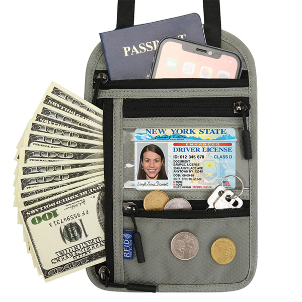 Kvinnor Män Dragkedja Passhållare Plånbok RFID-blockerande väska med justerbar rem Light Gray