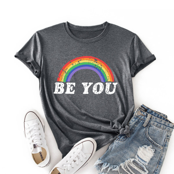 Pride T-shirt Dam Rainbow Be You Printed Short Sleeve Summer Top Gray L