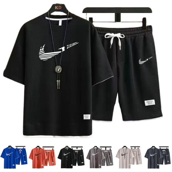 Herr Print Träningsoverall Kortärmad T-shirt Shorts Sommar Sport 2 st/set Sportkläder Khaki-Black L