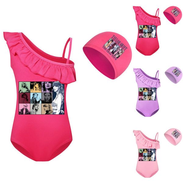 Barn Flickor Ruffle One Piece Bikini Badkläder Baddräkt Strandkläder med cap Purple 130cm