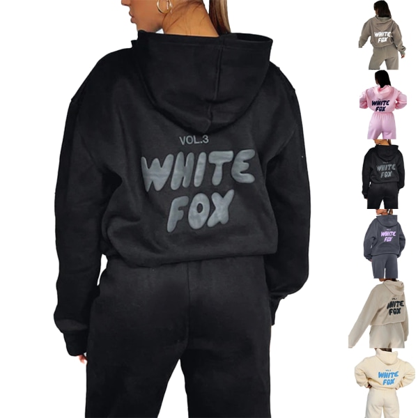 Vit Fox Print Huvtröja Hooded Trainingsuit Set Sweatshirt Träningsbyxor Dam Sport Khaki blue 3XL