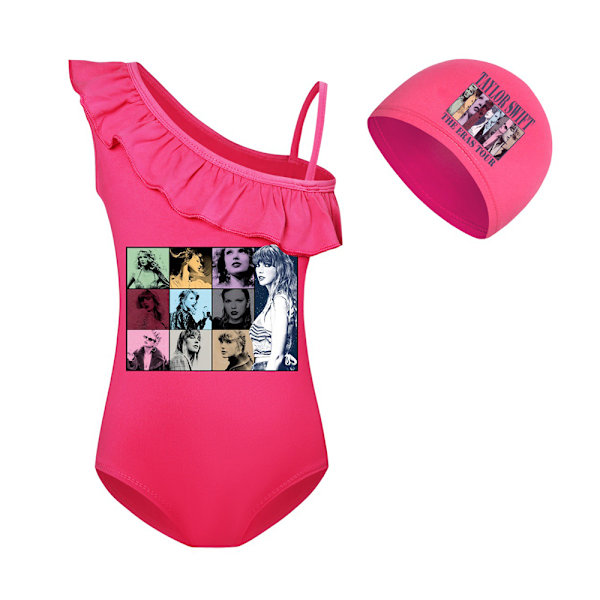 Barn Flickor Ruffle One Piece Bikini Badkläder Baddräkt Strandkläder med cap Rose Red 140cm