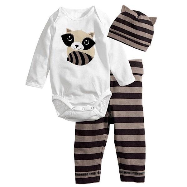 3 Delar/Set Nyfödd Baby Unisex Flickor Pojkar Romper Topp Byxor Hatt Set Outfit Brown striped raccoon 80cm