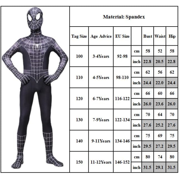 Kid Spiderman Superhjälte Cosplay Kostym Jumpsuit Finklänning black 11-12 Years / 146-152