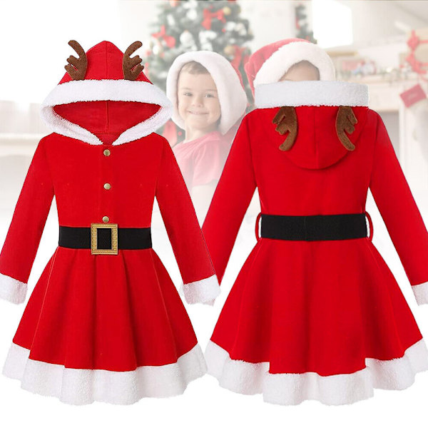 Flickor Santa Claus Cosplay Klänning Jul Hooded Swing Dress 120CM