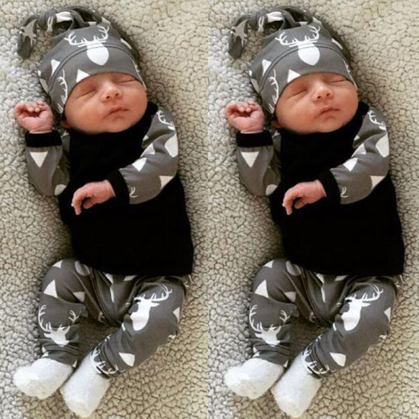 3 st Nya Födda Baby Pojkar Långärmad Topp Byxor Hatt Set Casual Kläder Grey black 100cm