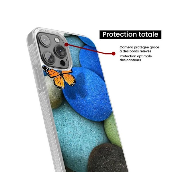 Förstärkt silikonfodral, tryckt, kompatibelt med Apple iPhone 14 Pro Max, Fjäril, blå sten. Transparent