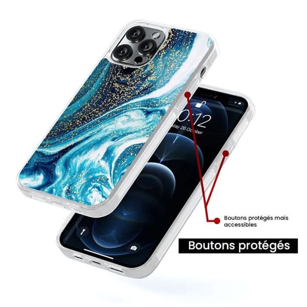 Förstärkt silikonhölje - Apple - iPhone 13 Pro Max - Glittrande blå marmor - Ökad skydd - Lätt åtkomst Transparent