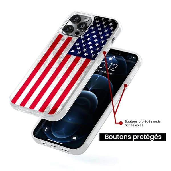 Förstärkt silikonfodral med tryck kompatibelt med Apple iPhone 13 Pro Max USA-flagg. Transparent