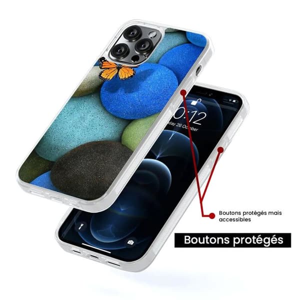Silikonfoder med förstärkning och tryck kompatibel med Apple iPhone 14 Pro Fjäril blå pebbel Transparent