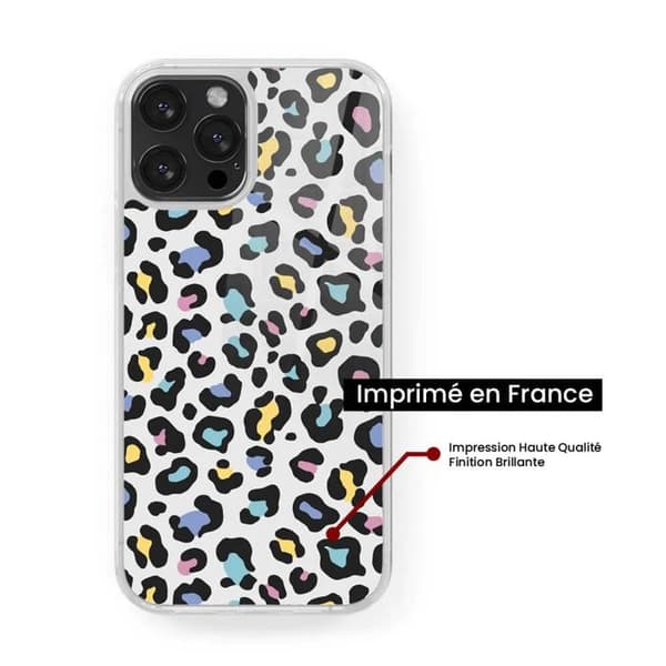 Förstärkt silikonfodral med tryck, kompatibelt med Apple iPhone 14 Plus, färgglad leopard. Transparent