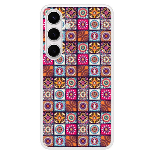 Siliconeförstärkt skal med tryck kompatibel med Samsung Galaxy S24 Plus Patchwork Mandala Transparent