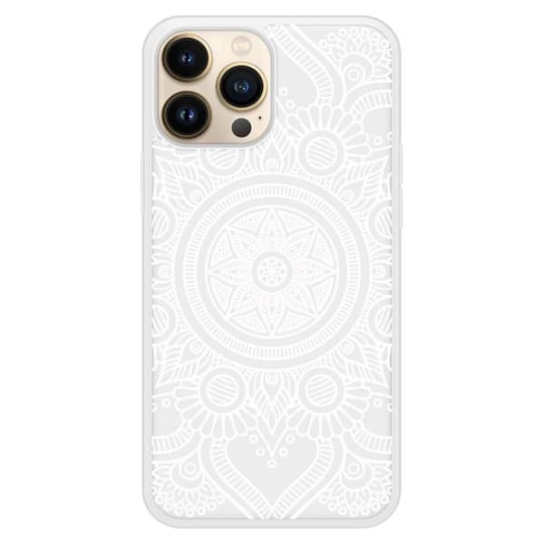 Coque i silikon med förstärkning, kompatibel med Apple iPhone 13 Pro Max, Mandala vit Transparent
