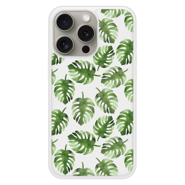 Förstärkt silikonchassi med tryck, kompatibelt med Apple iPhone 15 Pro, Monstera blad Transparent
