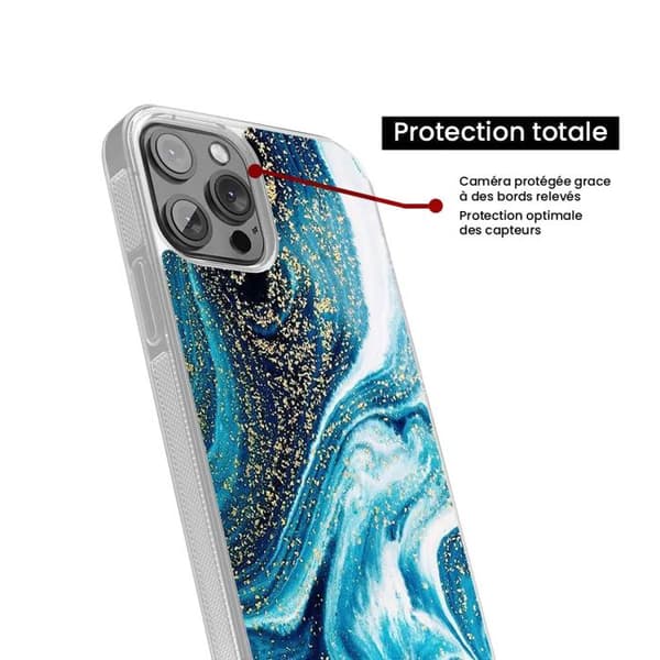 Förstärkt silikonfodral med tryck, kompatibelt med Apple iPhone 15 Pro, marmor blå glittrig Transparent