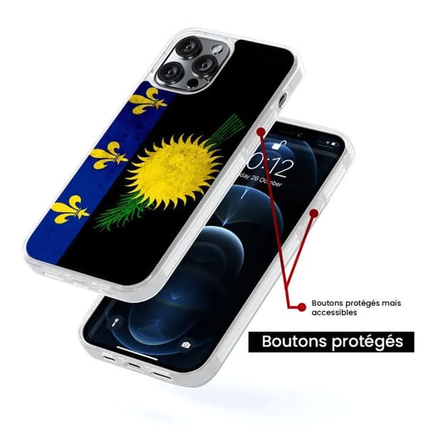 Förstärkt silikonskal med tryck kompatibelt med Apple iPhone 13 Mini Guadeloupeflagga Transparent