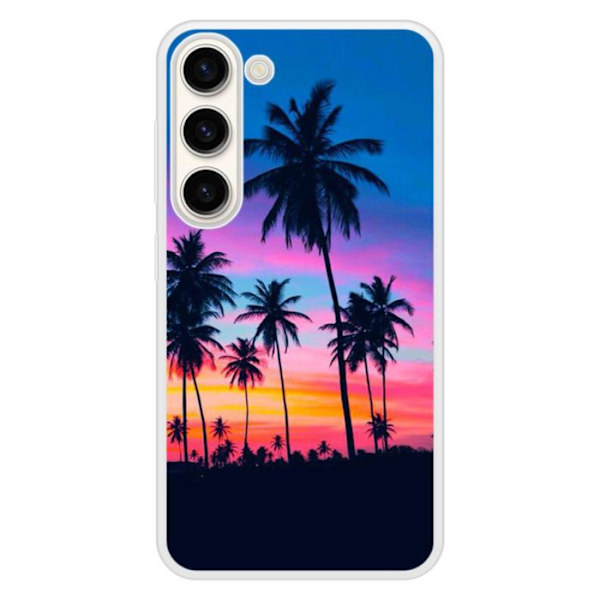 Coque i förstärkt silikon med tryck kompatibel med Samsung Galaxy S23 Färggranna palmer Transparent