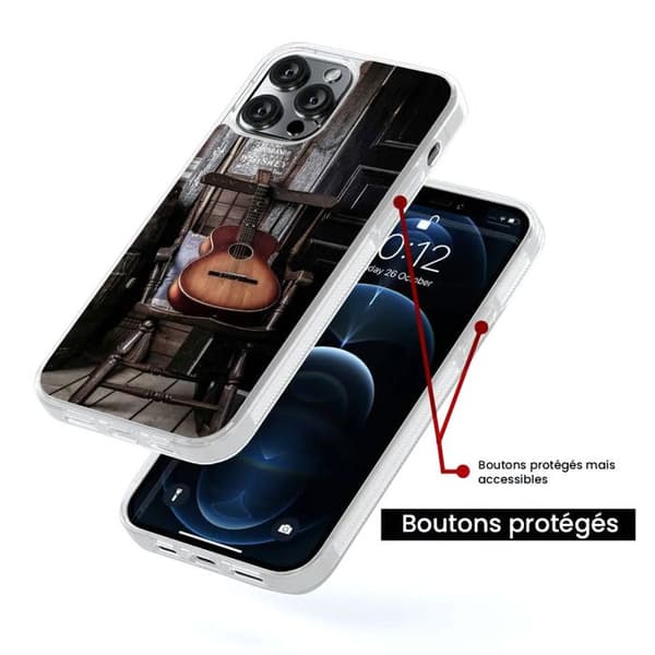 Siliconförstärkt fodral med tryck, kompatibel med Apple iPhone 14 Pro Max Gitarre Transparent
