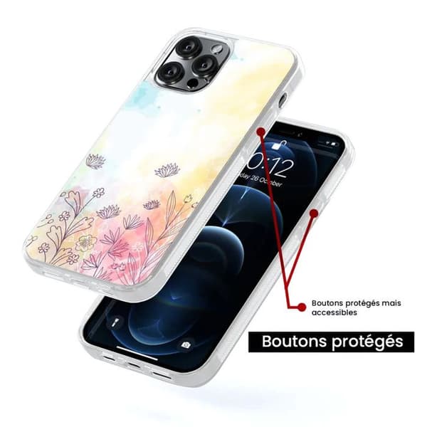 Coque i silikon förstärkt tryckt kompatibel med Apple iPhone 15 Pro Akvarell blommor Transparent