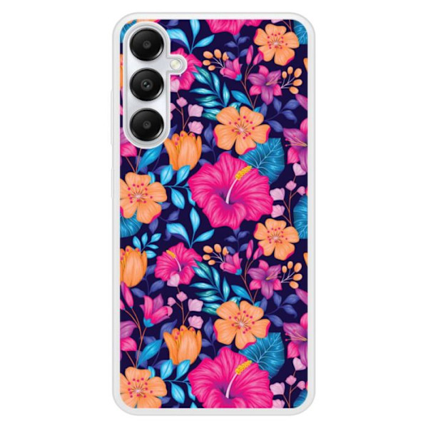Siliconeförstärkt tryckt skal kompatibelt med Samsung Galaxy A25 Exotiska blommor Transparent