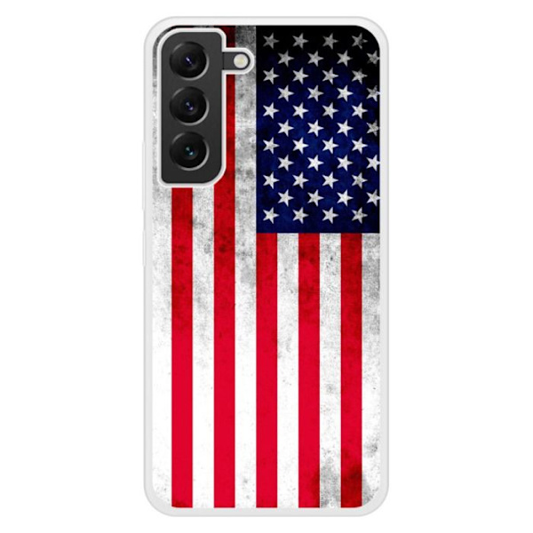 Siliconeförstärkt tryckt skal kompatibel med Samsung Galaxy S22 Plus USA-flaggan Transparent