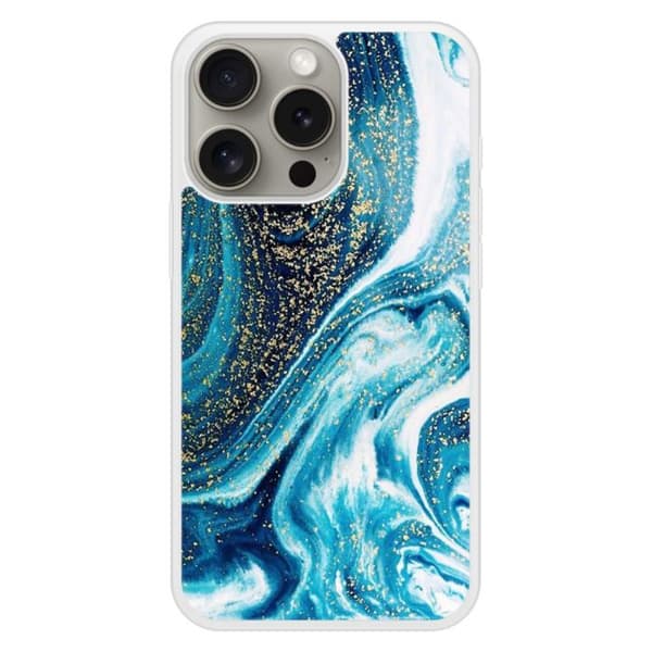 Förstärkt silikonfodral med tryck, kompatibelt med Apple iPhone 15 Pro, marmor blå glittrig Transparent