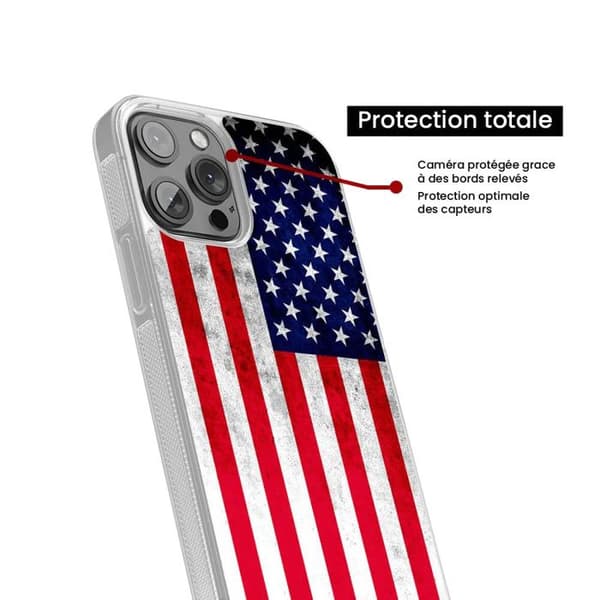 Förstärkt silikonfodral med tryck kompatibelt med Apple iPhone 13 Pro Max USA-flagg. Transparent