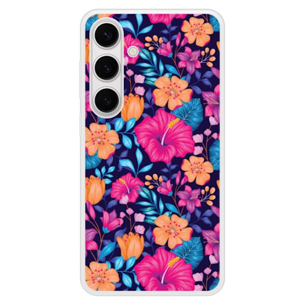 Siliconeförstärkt tryckt skal kompatibelt med Samsung Galaxy S24 Plus Exotiska Blommor Transparent
