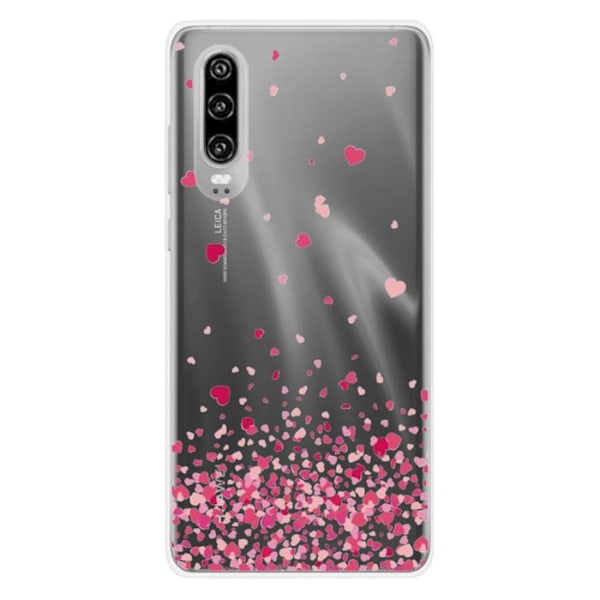 Tryckt silikonfodral som är kompatibelt med Huawei P30 Confetti of Hearts Pink Transparent