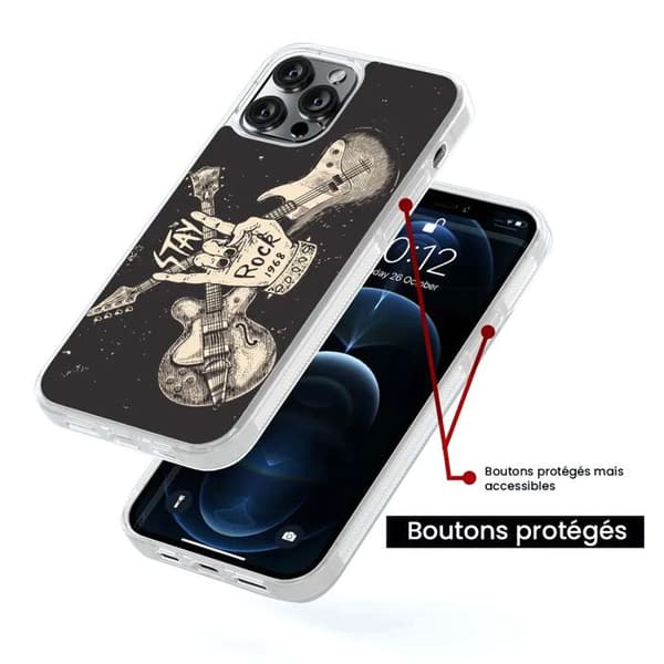 Coque iPhone 13 i silikon med förstärkning, tryckt, Stay rock Transparent