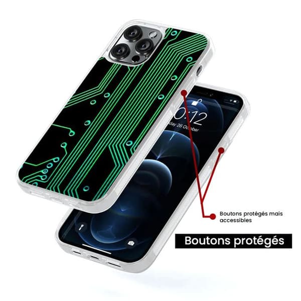 Förstärkt silikonfodral med tryck, kompatibelt med Apple iPhone 15 Pro, Geek circuit-textur. Transparent