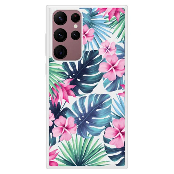 Coque i förstärkt silikon med tryck kompatibel med Samsung Galaxy S22 Ultra Tropical Aquarelle Transparent