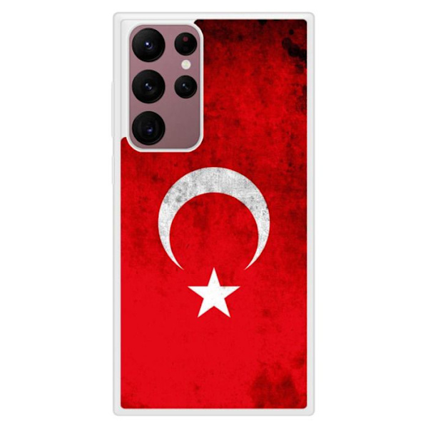 Siliconfodral med förstärkning och tryck kompatibel med Samsung Galaxy S22 Ultra Turkiets flagga Transparent