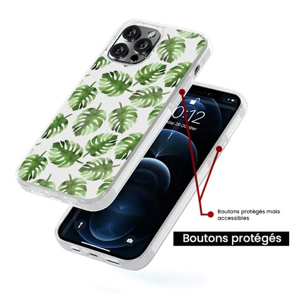 Silikonförstärkt skal med tryck kompatibelt med Apple iPhone 14 Pro Monstera-blad Transparent
