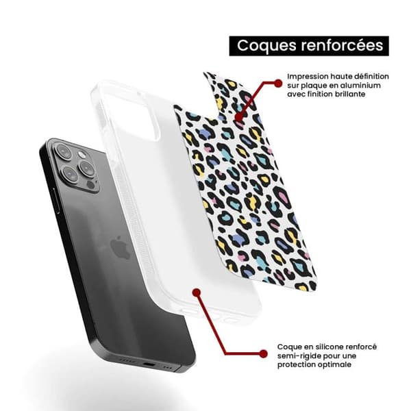 Förstärkt silikonfodral med tryck, kompatibelt med Apple iPhone 14 Plus, färgglad leopard. Transparent